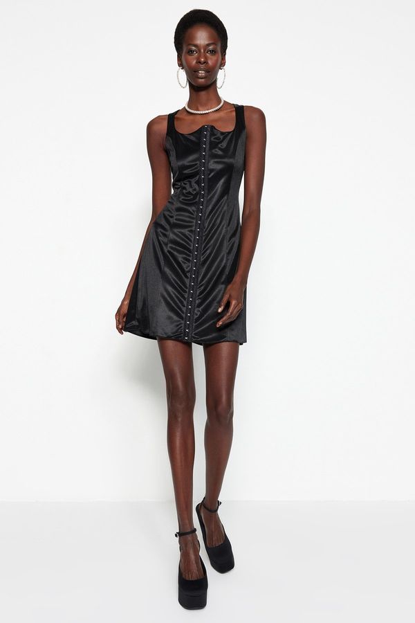 Trendyol Trendyol Black Waist Opened/Skater Knitted Lined Sling Satin Elegant Evening Dress