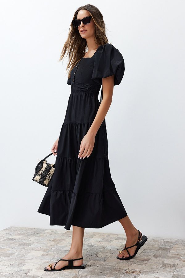 Trendyol Trendyol Black Waist Opening Gipe and Back Detailed Square Collar Maxi Woven Dress