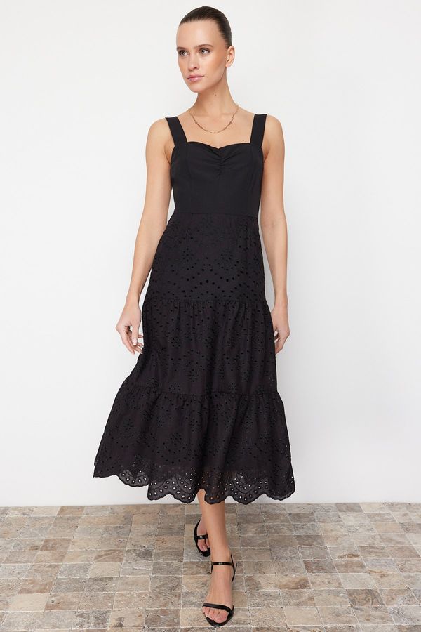 Trendyol Trendyol Black Waist Opening Lined Midi Embroidery Woven Dress