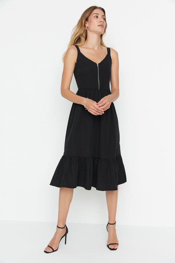 Trendyol Trendyol Black Waist Opening Midi Woven Zipper Detail Woven Dress