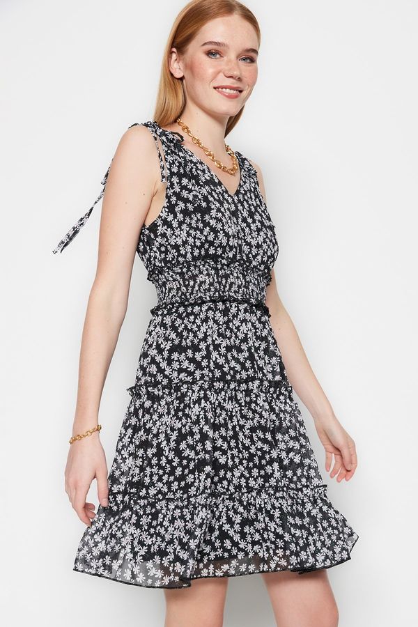 Trendyol Trendyol Black Waist Opening Mini Woven Gimped Detailed Patterned Woven Dress