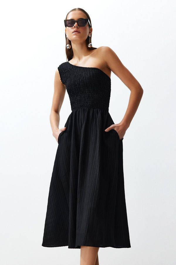 Trendyol Trendyol Black Waist Opening Top Size Gipeli One Shoulder Midi Woven Dress