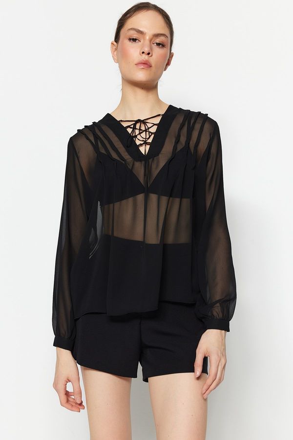 Trendyol Trendyol Black Weave Sheer Blouse with Lace-up Detail