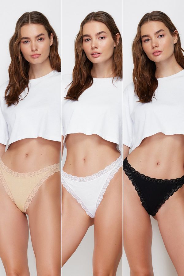 Trendyol Trendyol Black-White-Skin 3-Pack 100% Cotton Corded Lace Detailed String Knitted Panties