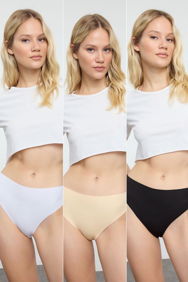 Trendyol Trendyol Black-White-Skin 3-Pack Micro Laser Cut Brazilian Knitted Panties