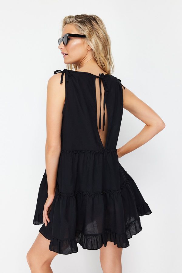 Trendyol Trendyol Black Wide Fit Mini Woven Ruffle 100% Cotton Beach Dress