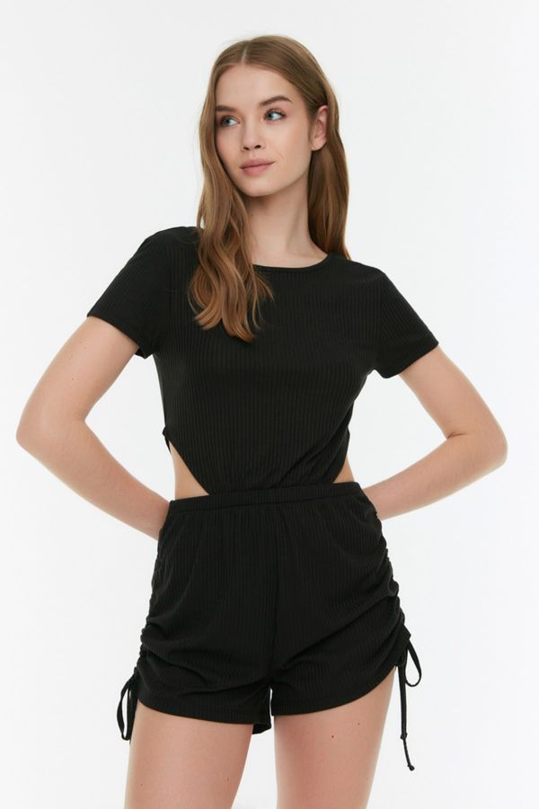 Trendyol Trendyol Black Window/Cut-Out Shirring Detailed Corduroy Knitted Overalls