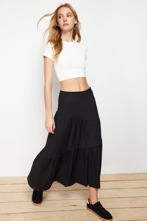 Trendyol Trendyol Black Wrapped/Textured Flared Maxi Gathered Flexible Knitted Skirt