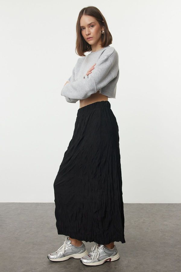 Trendyol Trendyol Black Wrinkled Pleat Detailed Maxi Stretchy Knitted Skirt