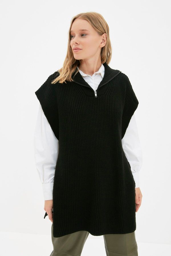 Trendyol Trendyol Black Zippered Collar Side Tie Detail Knitwear Sweater