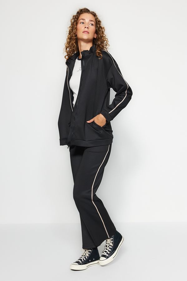 Trendyol Trendyol Black Zippered Scuba Cardigan-Pants Knitted Top and Bottom Set