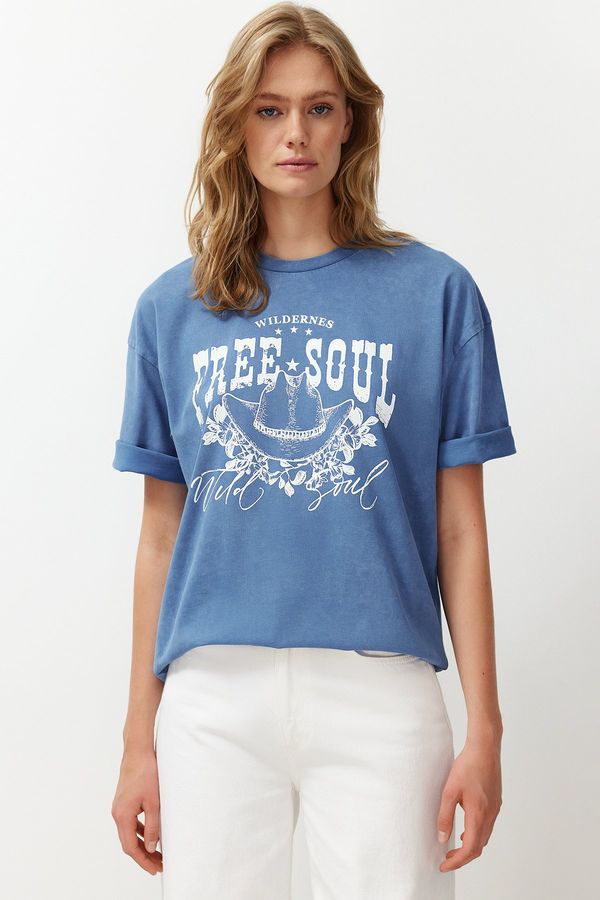 Trendyol Trendyol Blue 100% Cotton Antique/Pale Effect Oversize/Wide Fit Printed Knitted T-Shirt
