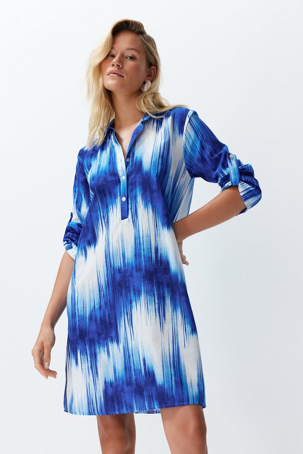 Trendyol Trendyol Blue Abstract Patterned Belted Midi Woven 100% Cotton Beach Dress with Ribbon Accessories