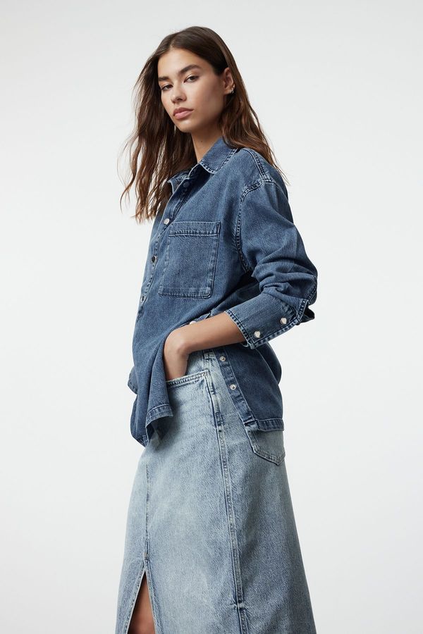 Trendyol Trendyol Blue Accessory Detailed Oversize Denim Shirt