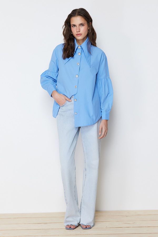 Trendyol Trendyol Blue Baby Collar Accessory Cotton Woven Shirt
