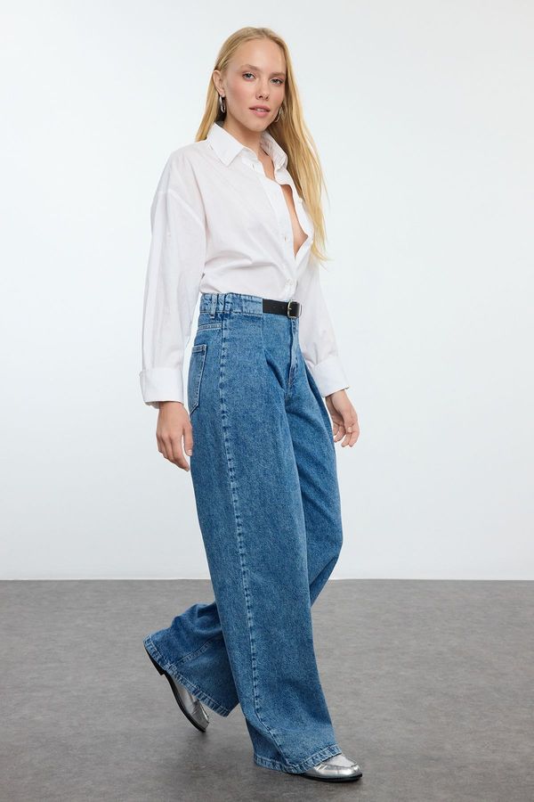 Trendyol Trendyol Blue Belt Detailed Pleated High Waist Wide Leg Jeans