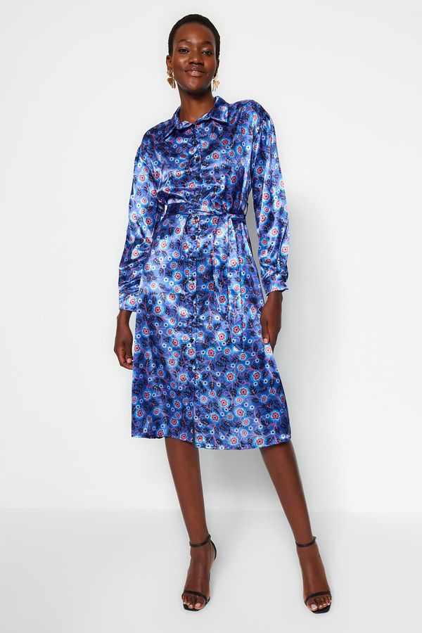 Trendyol Trendyol Blue Belted Floral Pattern Satin Midi Woven Dress