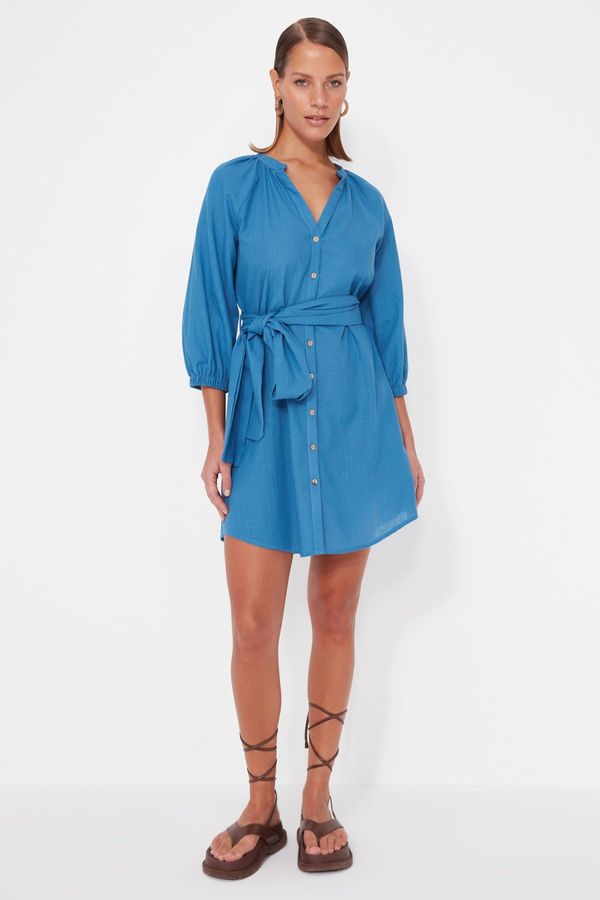 Trendyol Trendyol Blue Belted Mini Woven 100% Cotton Beach Dress