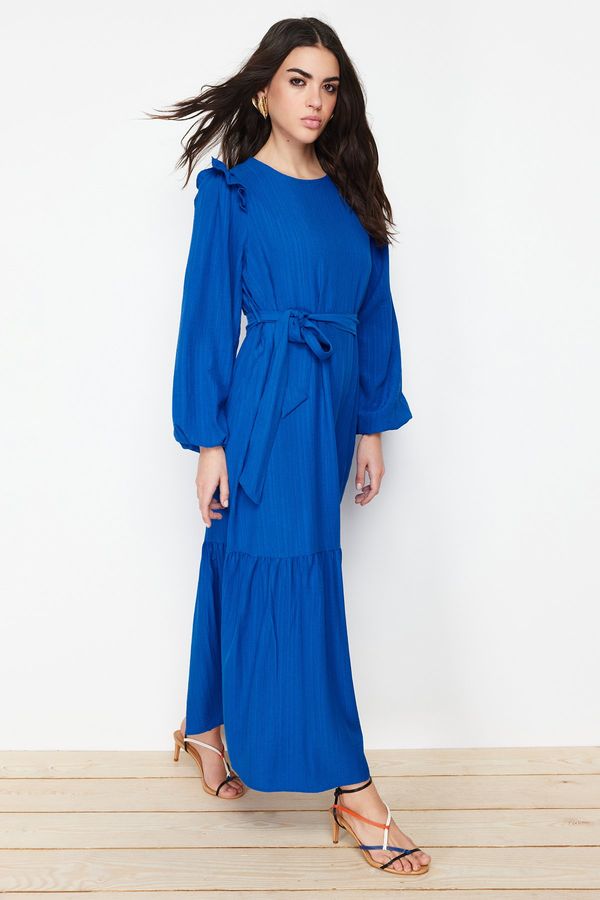 Trendyol Trendyol Blue Belted Shoulder Ruffled Skirt Flounced Lined Viscose Mixed Woven Dress