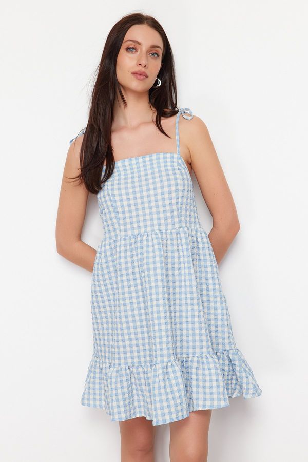 Trendyol Trendyol Blue Checked Straight Cut Ruffle Mini Woven Dress