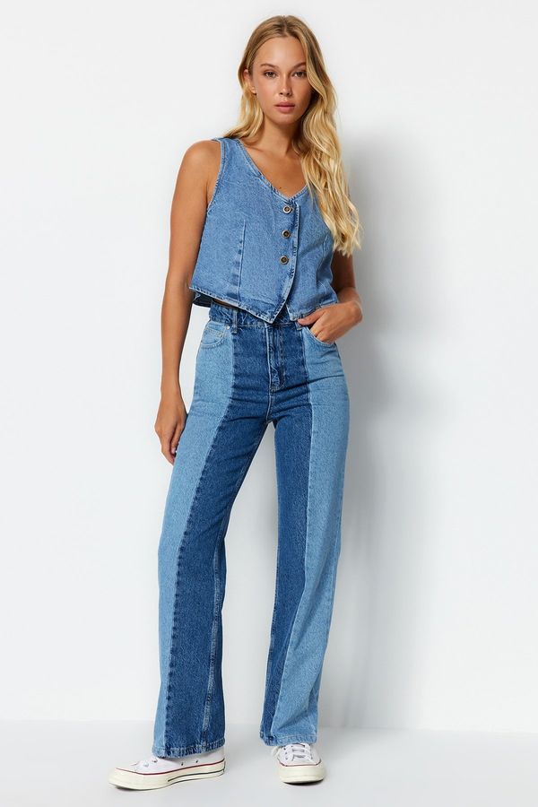 Trendyol Trendyol Blue Color Block High Waist Wide Leg Jeans