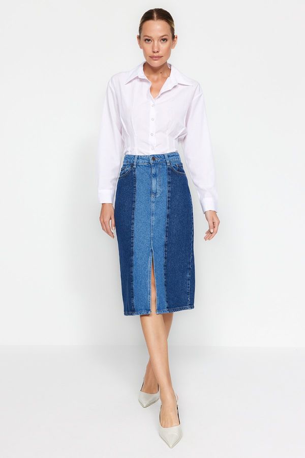 Trendyol Trendyol Blue Color Block Midi Denim Skirt