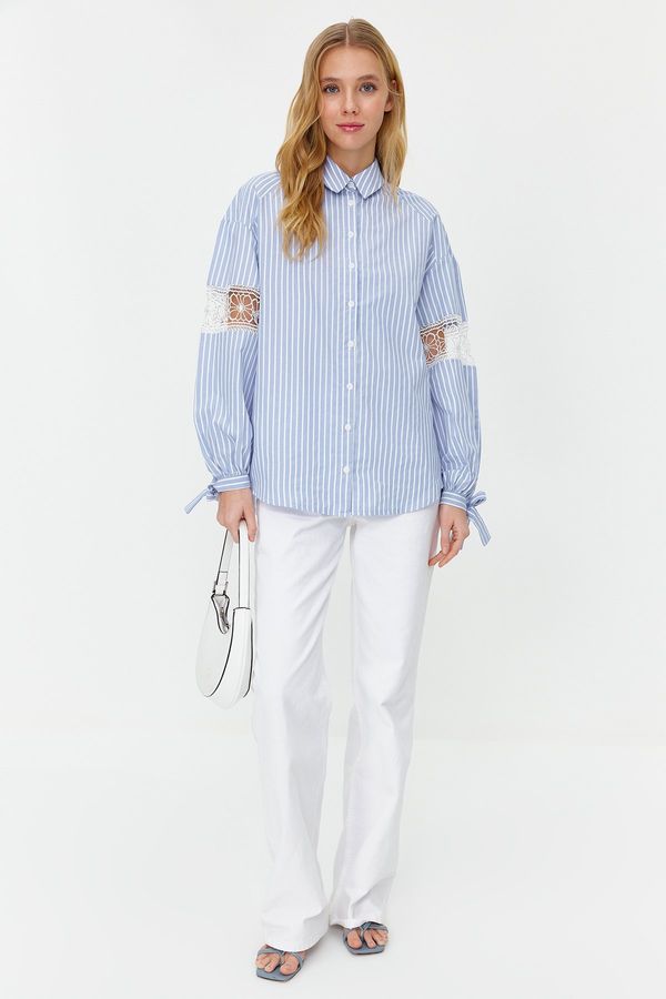 Trendyol Trendyol Blue Cotton Blend Striped Woven Shirt with Embroidery Detail on Sleeve