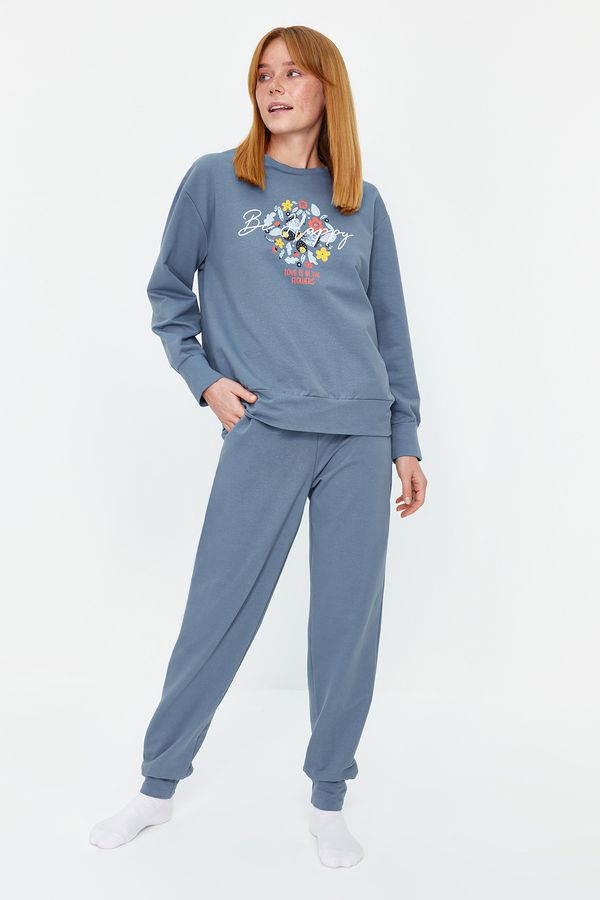 Trendyol Trendyol Blue Cotton Printed Sweatshirt-Jogger Knitted Pajama Set