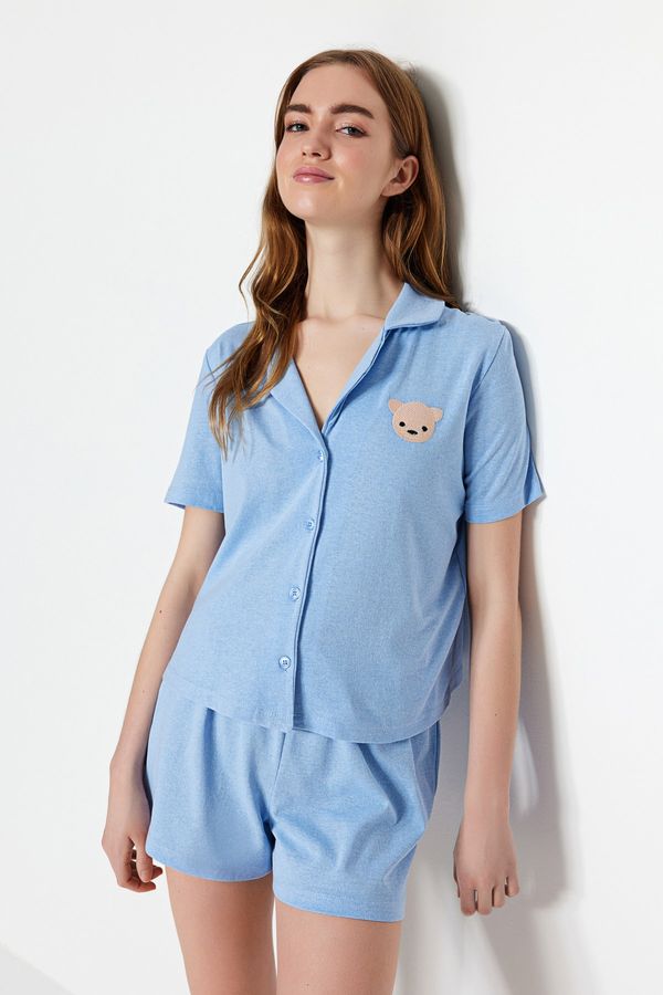 Trendyol Trendyol Blue Cotton Teddy Bear Embroidered Shirt-Shorts Knitted Pajama Set