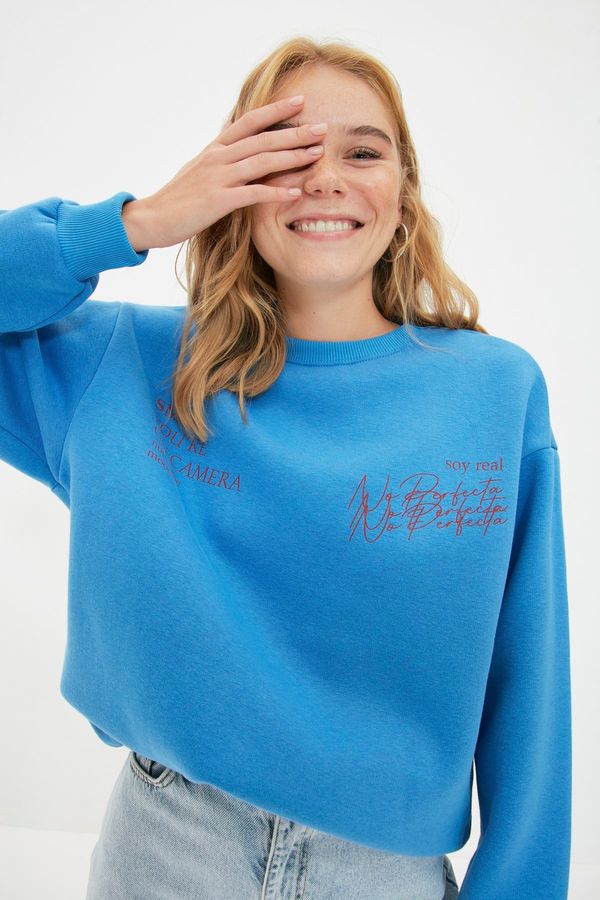 Trendyol Trendyol Blue Crew Neck Basic Fit Printed Fleece Inside Knitted Sweatshirt