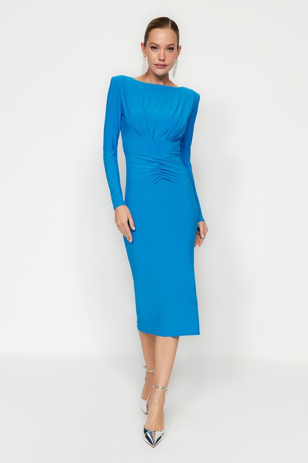 Trendyol Trendyol Blue Fitted Knitted Draped Elegant Evening Dress