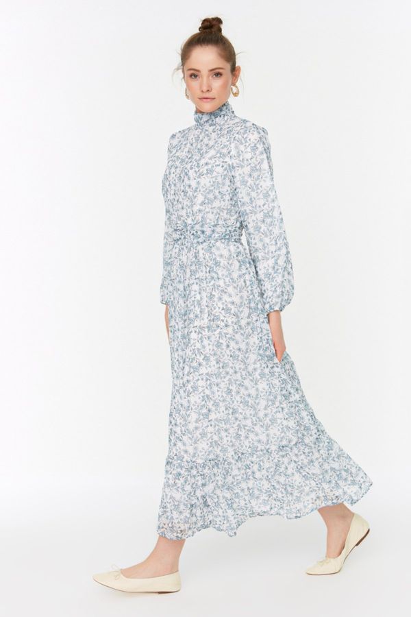 Trendyol Trendyol Blue Floral High Collar Waist Detailed Lined Chiffon Woven Dress