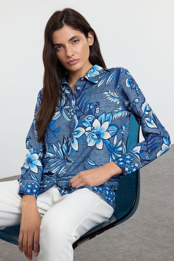 Trendyol Trendyol Blue Floral Patterned Oversize Wide Pattern Shirt