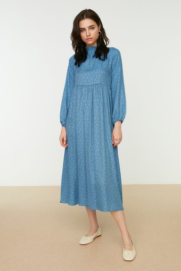 Trendyol Trendyol Blue Floral Patterned Ruffles, Stand-Up Collar Woven Dress