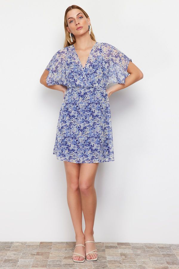 Trendyol Trendyol Blue Floral Print A-line Double Breasted Collar Lined Chiffon Mini Woven Dress