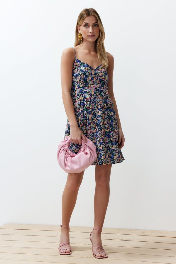 Trendyol Trendyol Blue Floral Print A-line Double-breasted Collar Woven Mini Dress