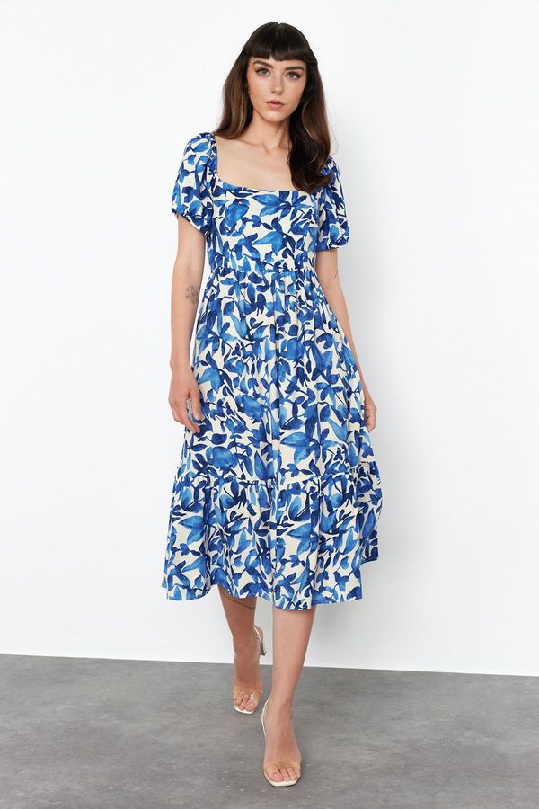 Trendyol Trendyol Blue Floral Viscose Waist Opening Midi Woven Dress