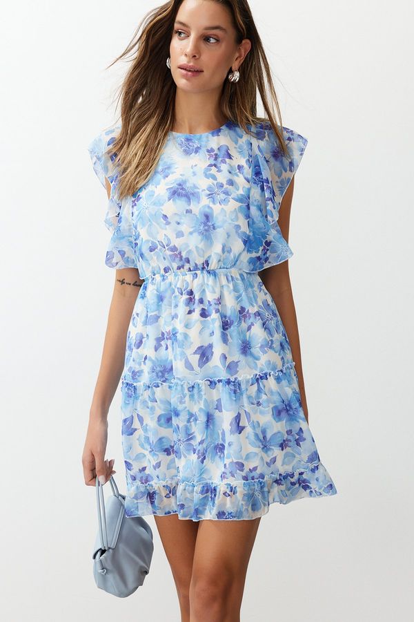 Trendyol Trendyol Blue Floral Waist Opening Ruffle Mini Woven Dress