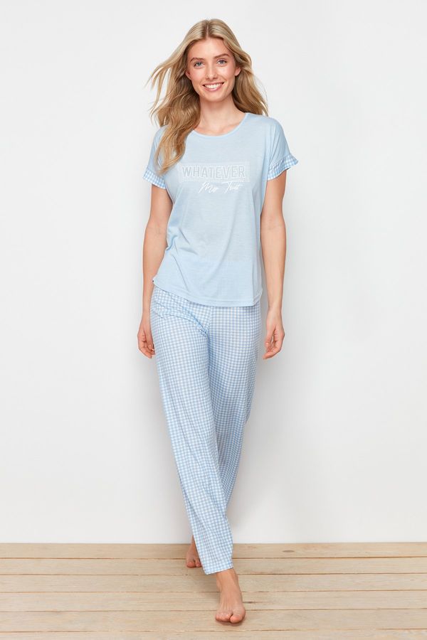 Trendyol Trendyol Blue Gingham and Slogan Printed Knitted Pajamas Set