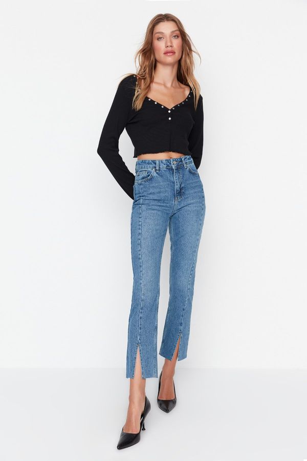 Trendyol Trendyol Blue High Waist Straight Jeans with Stitching Detailed and Slits