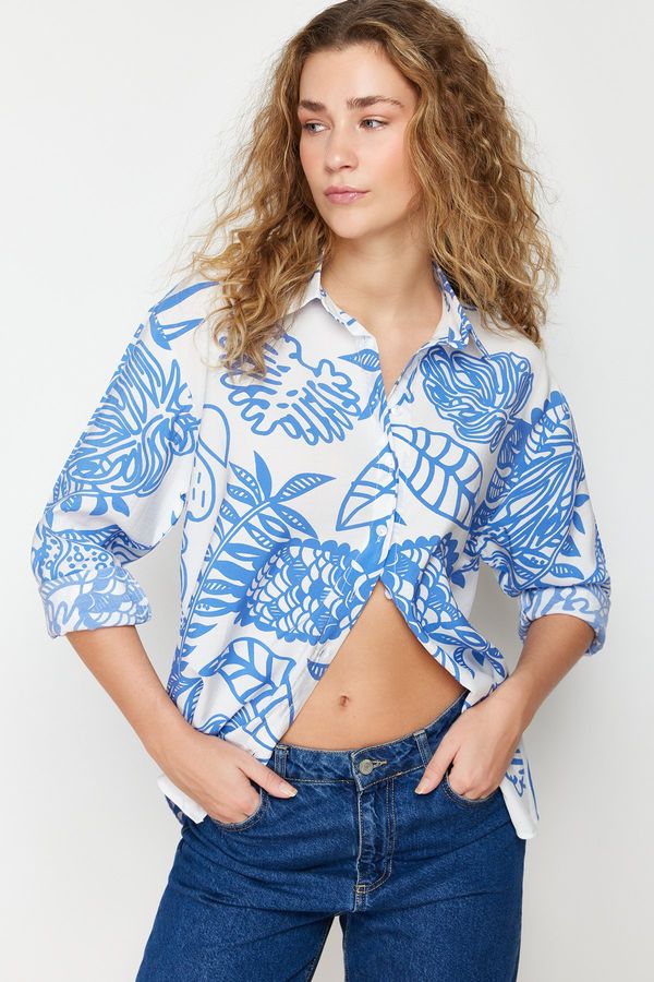 Trendyol Trendyol Blue Lilies Fabric Patterned Oversize/Creature Woven Shirt