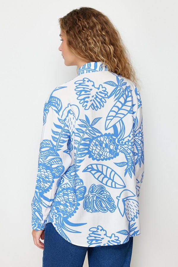 Trendyol Trendyol Blue Lilies Fabric Patterned Oversize/Wide Fit Woven Shirt