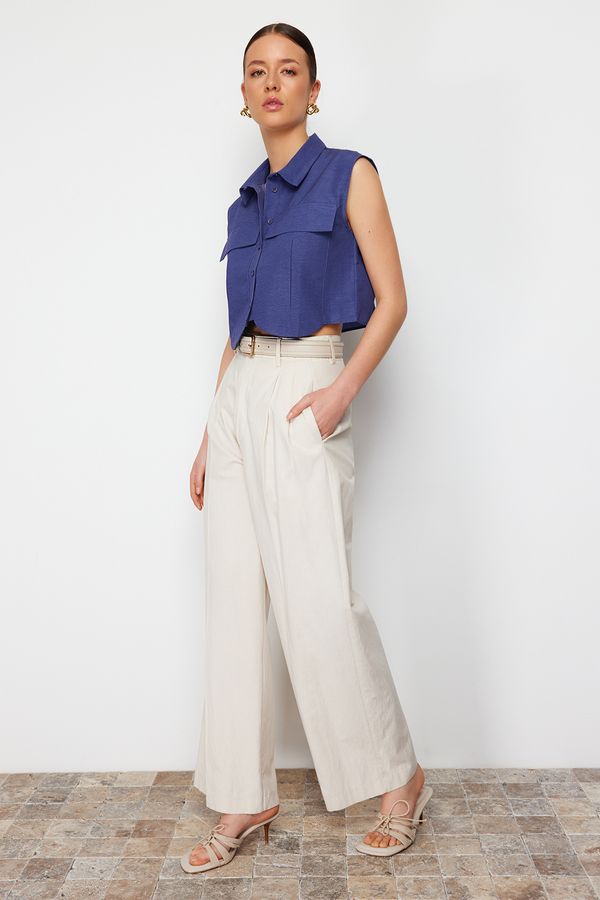 Trendyol Trendyol Blue Long Pocketed Crop Fitted Woven Shirt