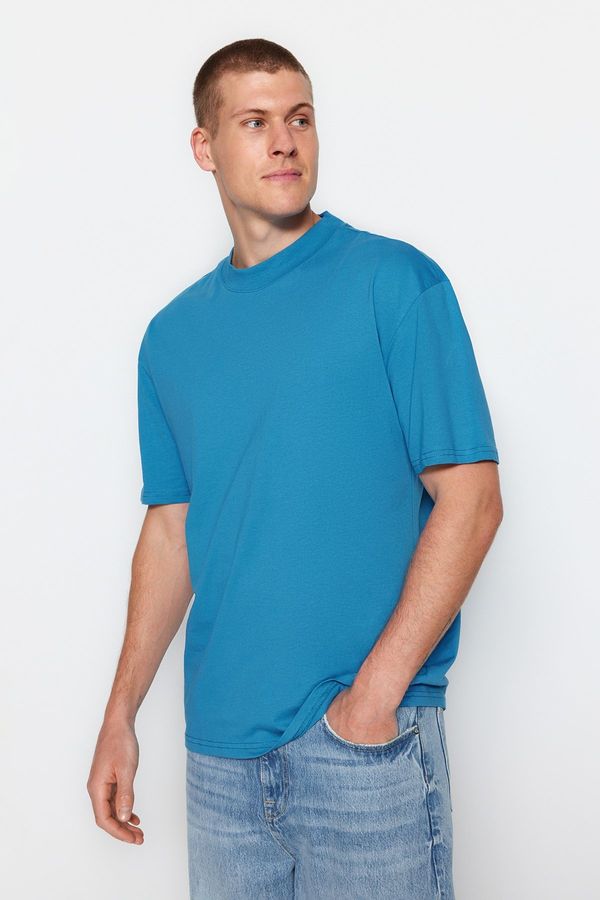Trendyol Trendyol Blue Men's Relaxed/Comfortable cut, Standing Collar Short Sleeved 100% Cotton T-Shirt