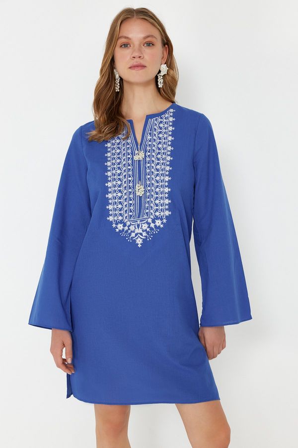 Trendyol Trendyol Blue Mini Woven Embroidered 100% Cotton Beach Dress