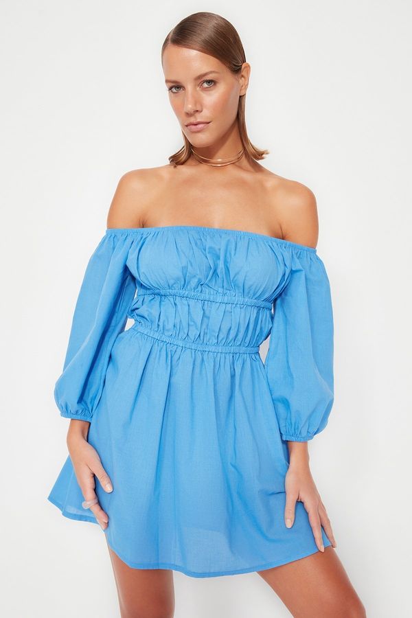Trendyol Trendyol Blue Mini Woven Gathered 100% Cotton Beach Dress
