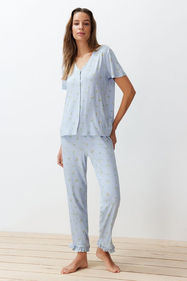Trendyol Trendyol Blue-Multi Color Floral Ruffle Detail Knitted Pajamas Set