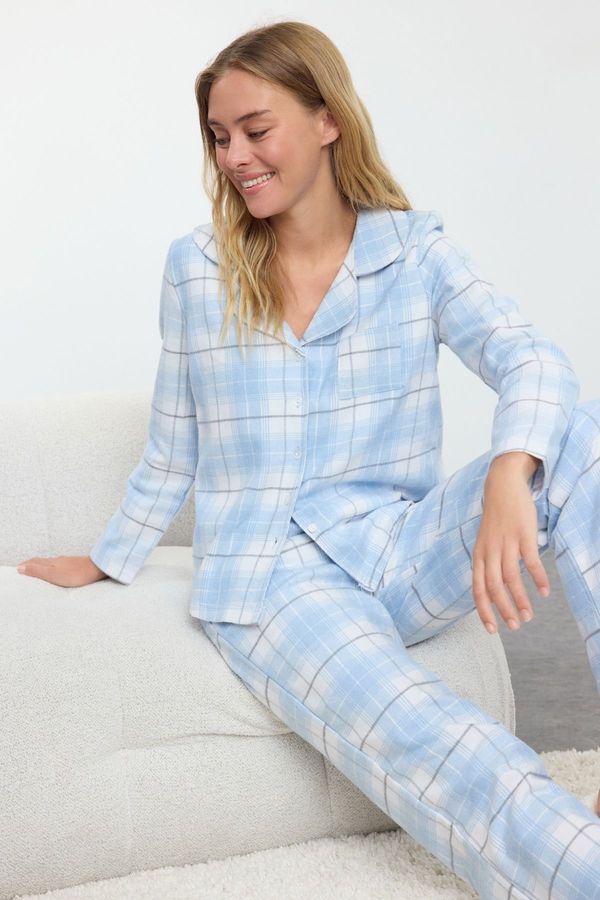 Trendyol Trendyol Blue-Multicolored Cotton Plaid Pocket Detailed Woven Pajama Set