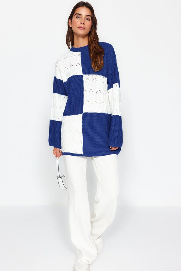 Trendyol Trendyol Blue Openwork/Perforated Color Block Knitted Knitwear Sweater