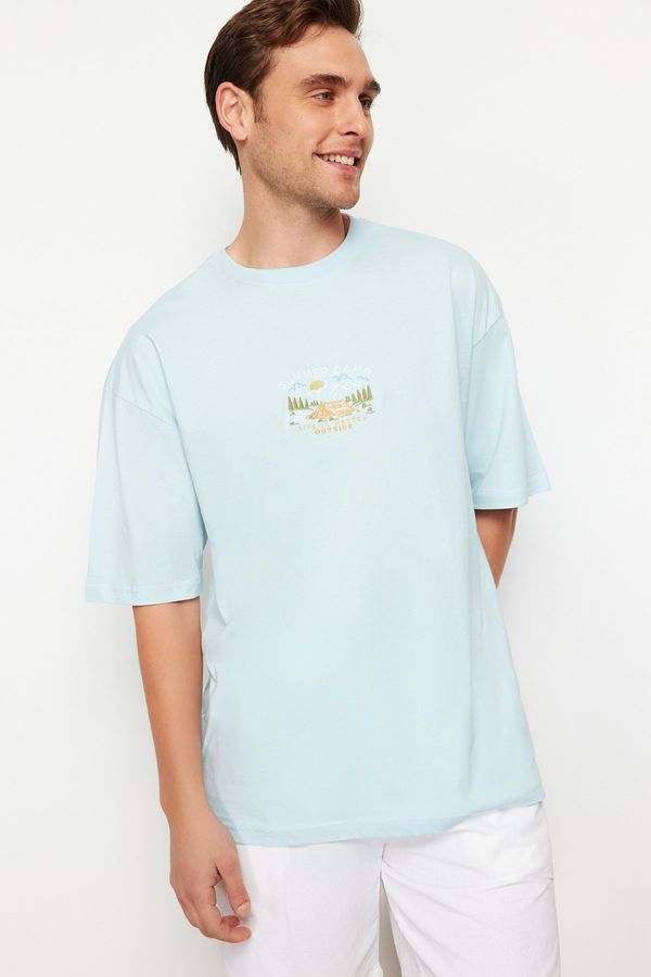 Trendyol Trendyol Blue Oversize/Wide Cut Short Sleeve Landscape Embroidered 100% Cotton T-Shirt